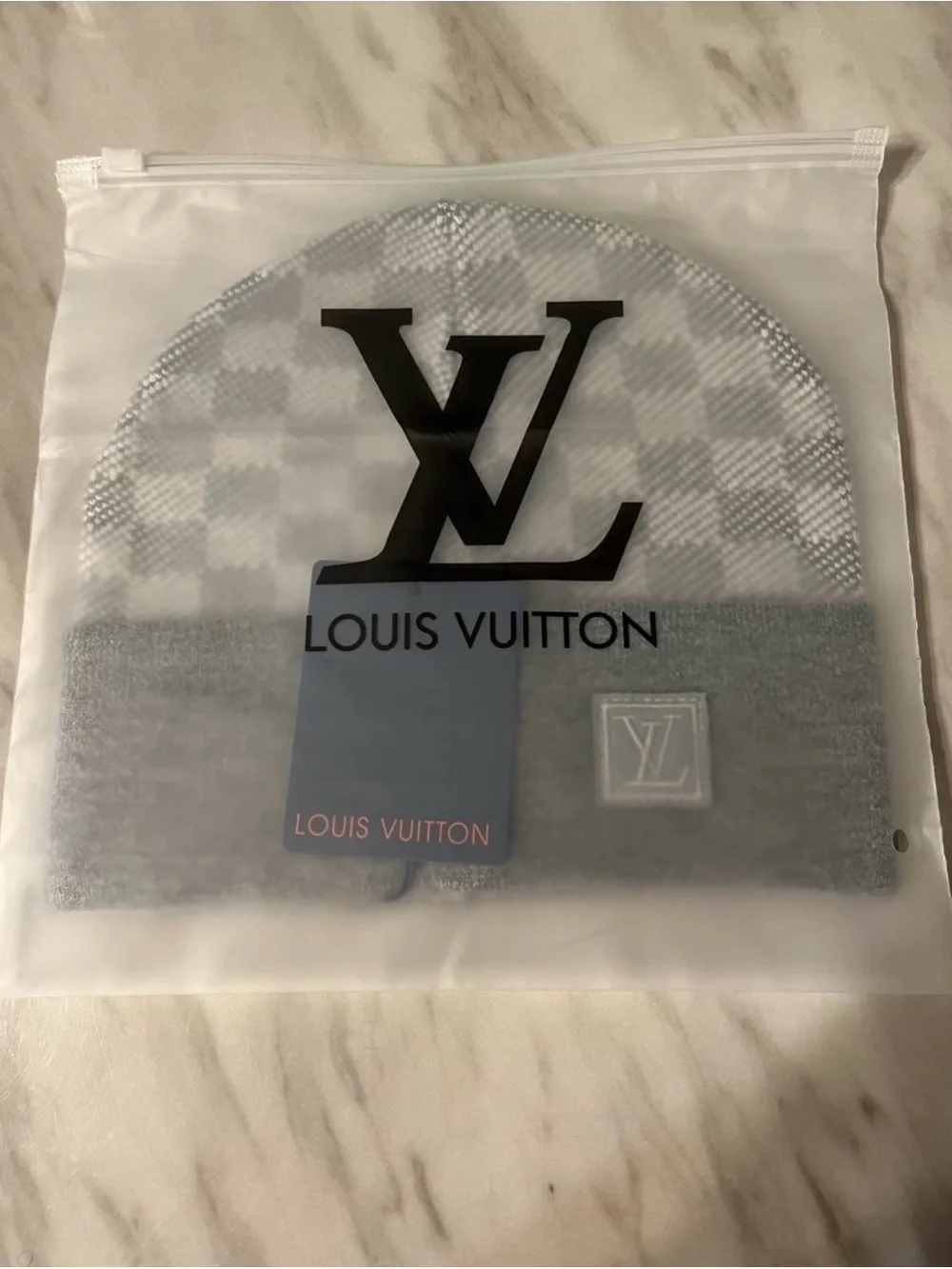 Louis Vuitton Gray Checkered Cuffed Beanie Hat